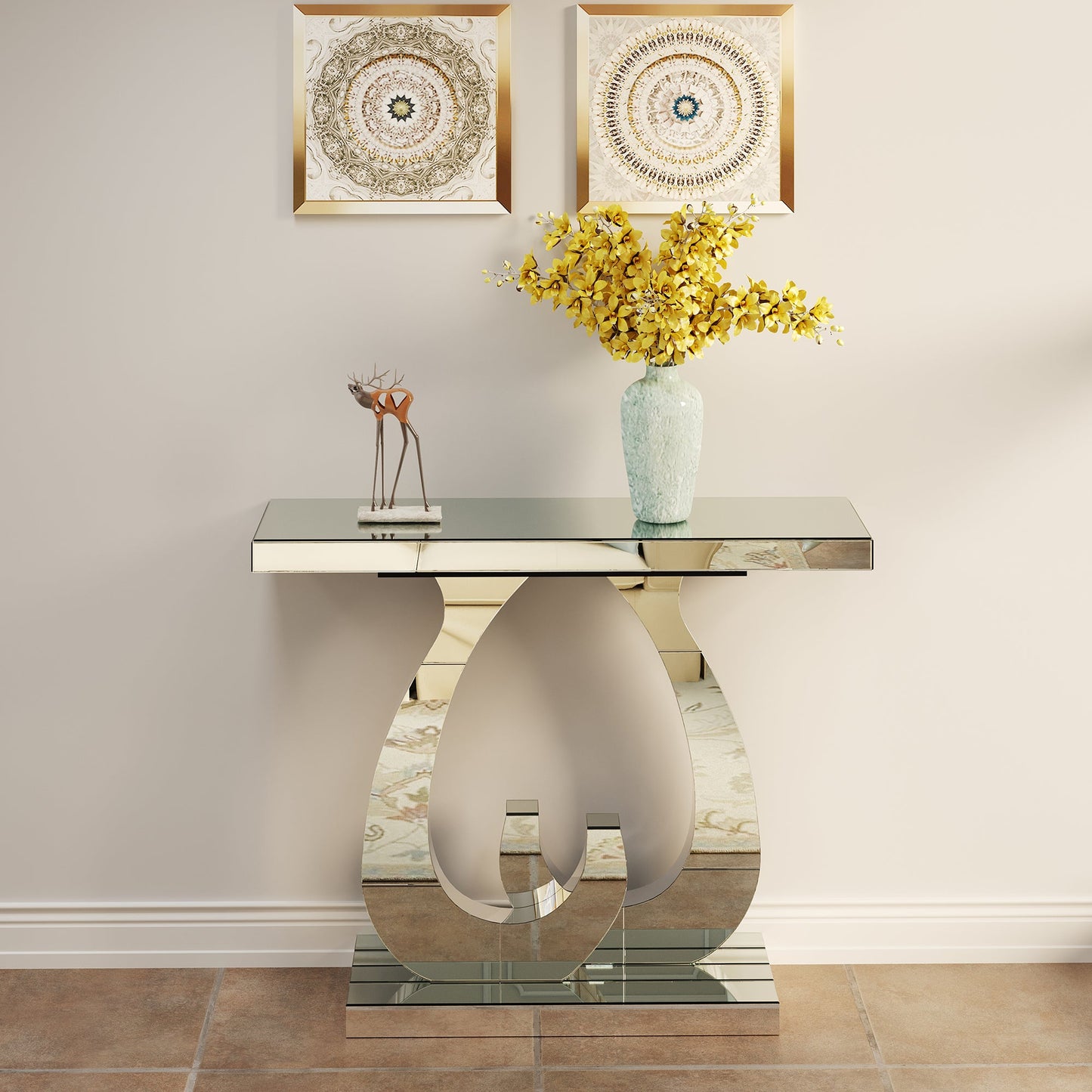 Modern Mirror Side Table, Glass, Double C-Shaped Base, Hall Table, Silver