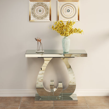Modern Mirror Side Table, Glass, Double C-Shaped Base, Hall Table, Silver