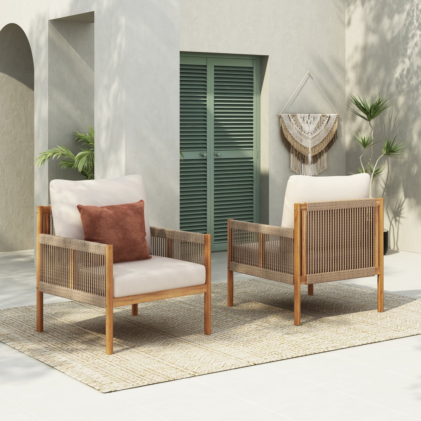 Outdoor Lounge Chair Solid Wood Teak Woven Polyester Cushion Set of 2