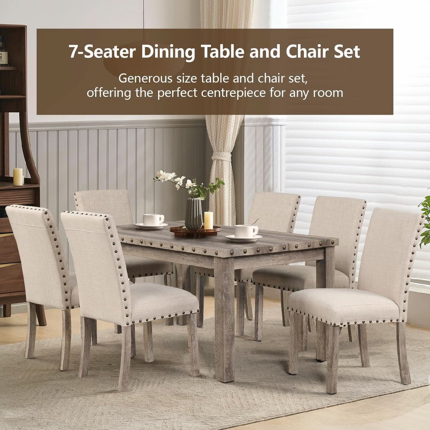 Rustic Dining Table Set Six NailheadAccents Chairs