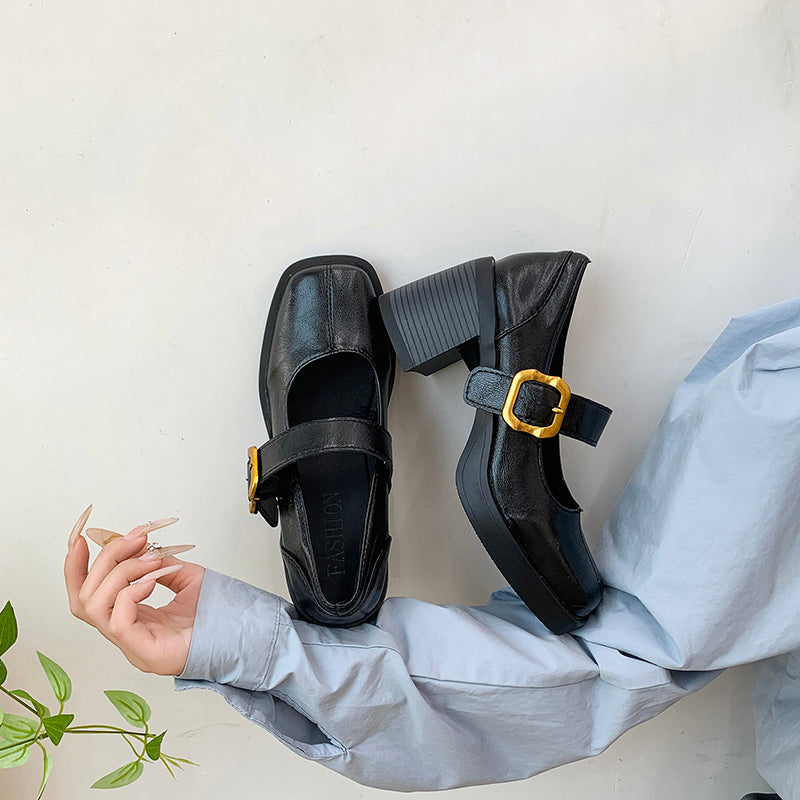 2026 New Women Minimal British Style High Heel Square Toe Flats, Vintage Metal Buckle Single Strap Silent Commuter Mary Janes