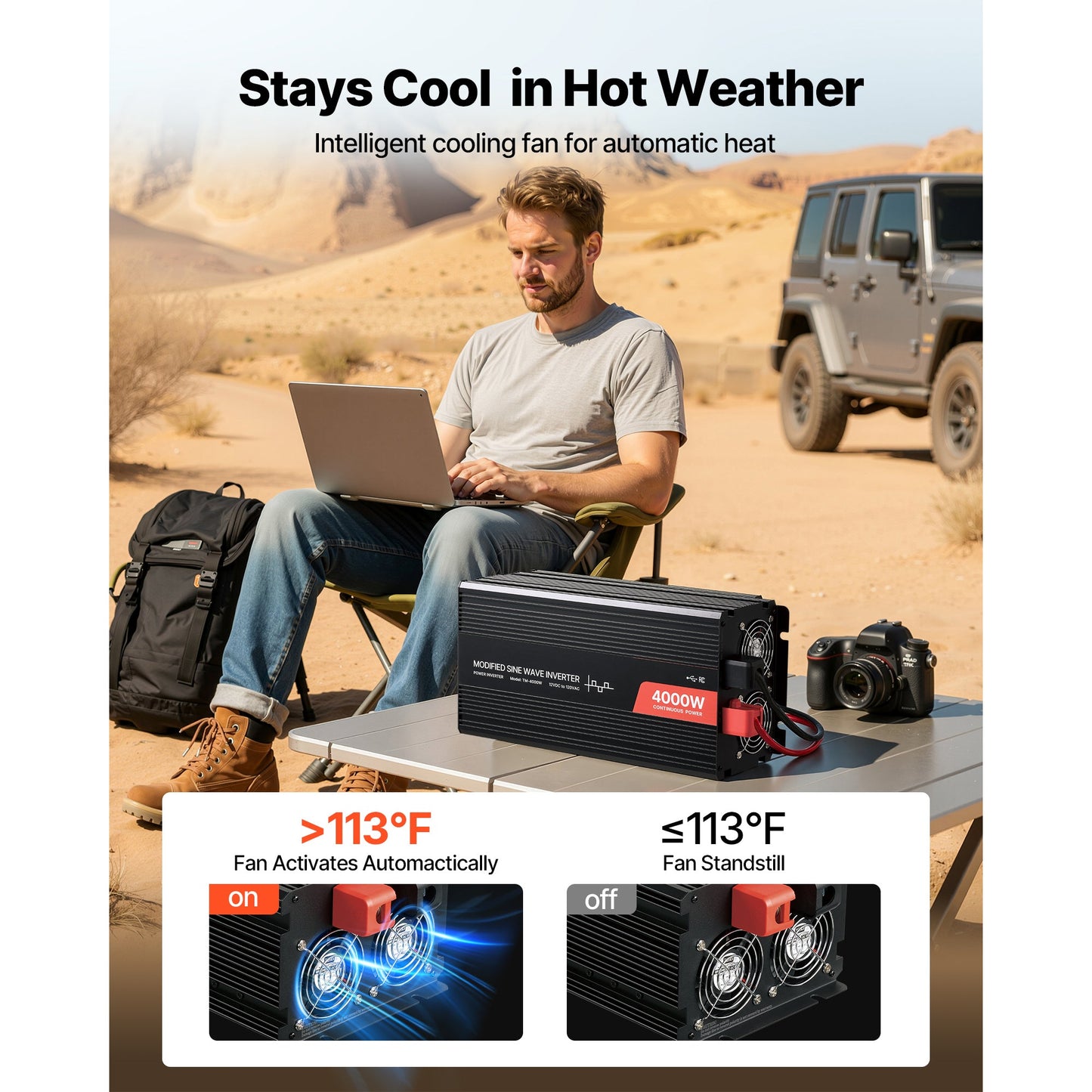 4000W Modified Sine Wave Power Inverter, 12V to 120V, LCD, USB, for RV Truck