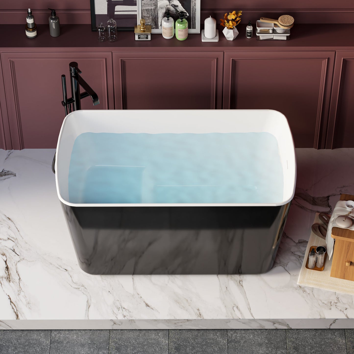 49in Acrylic Freestanding Soaking Bathtub, Square Japanese Sit-In, Glossy Blac