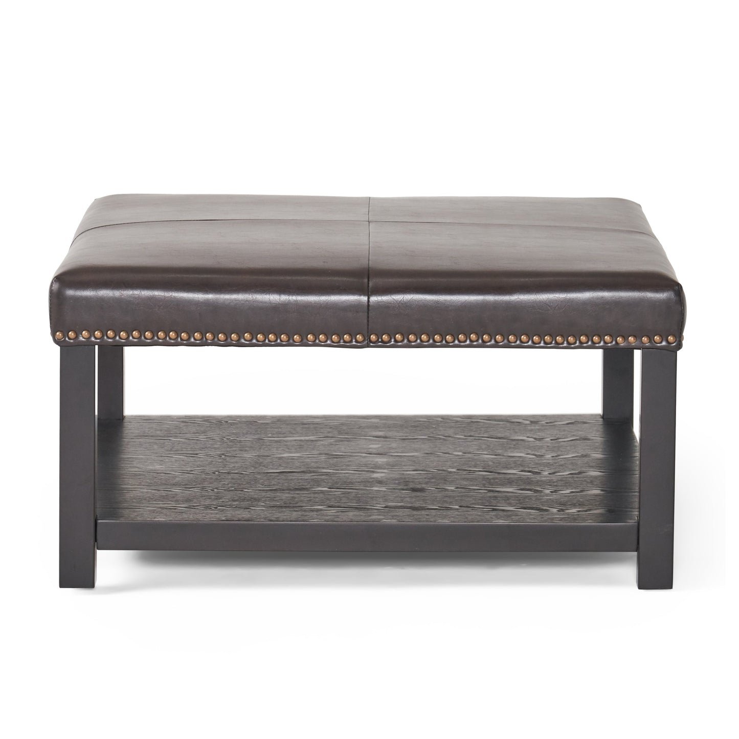 Large Square Ottoman Bench Faux Leather Coffee Table with Rack and Wood Legs