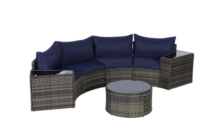 Outdoor Sectional Set PE Rattan Steel Dark Blue Half Moon 7 Piece 380 LB