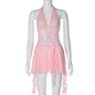 Short Stitching Ribbon Halter Lace Hollow-out Deep V-neck Backless Hot Girl Dress