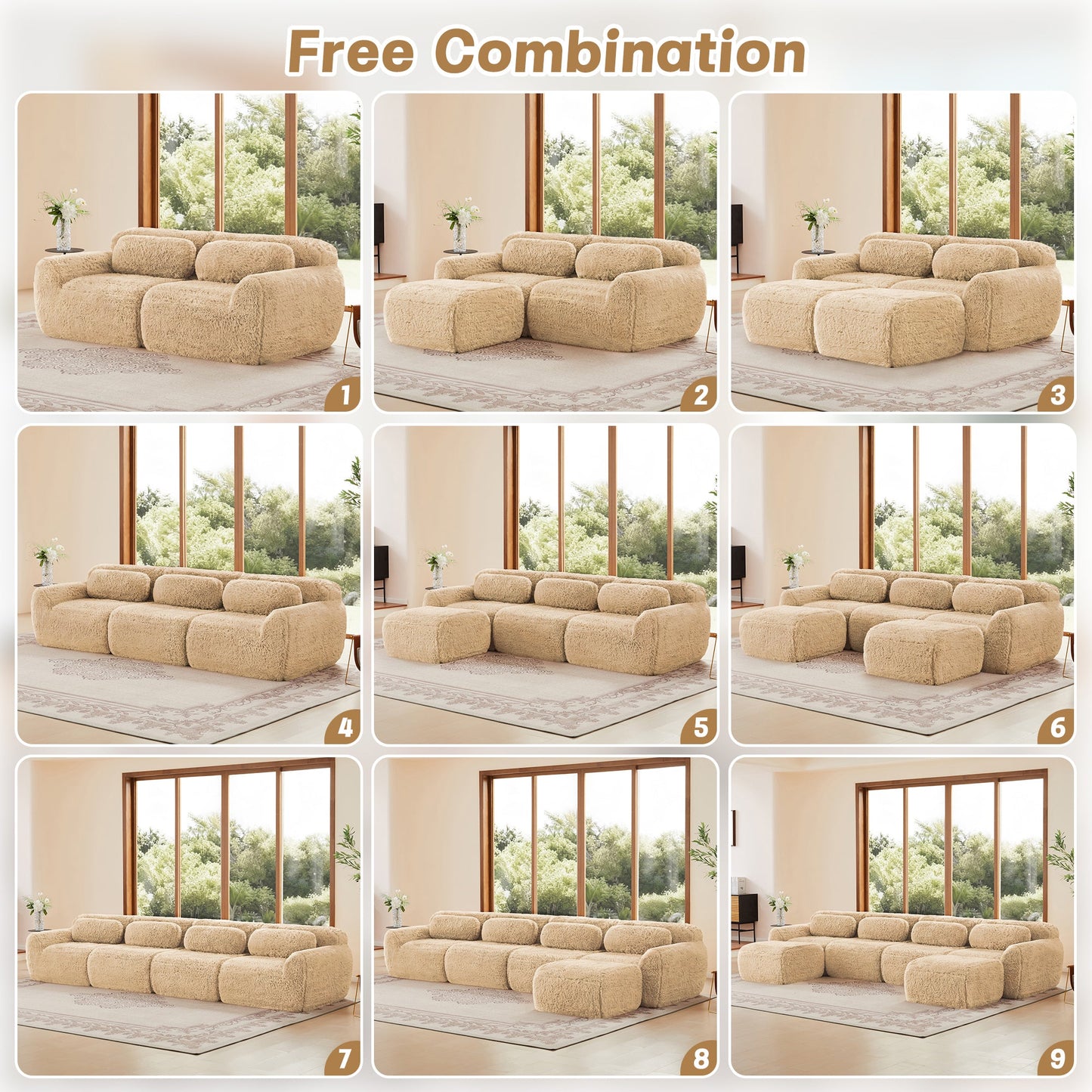 LoveSeat Modular Plush Light Khaki 2 Seat Non-Slip