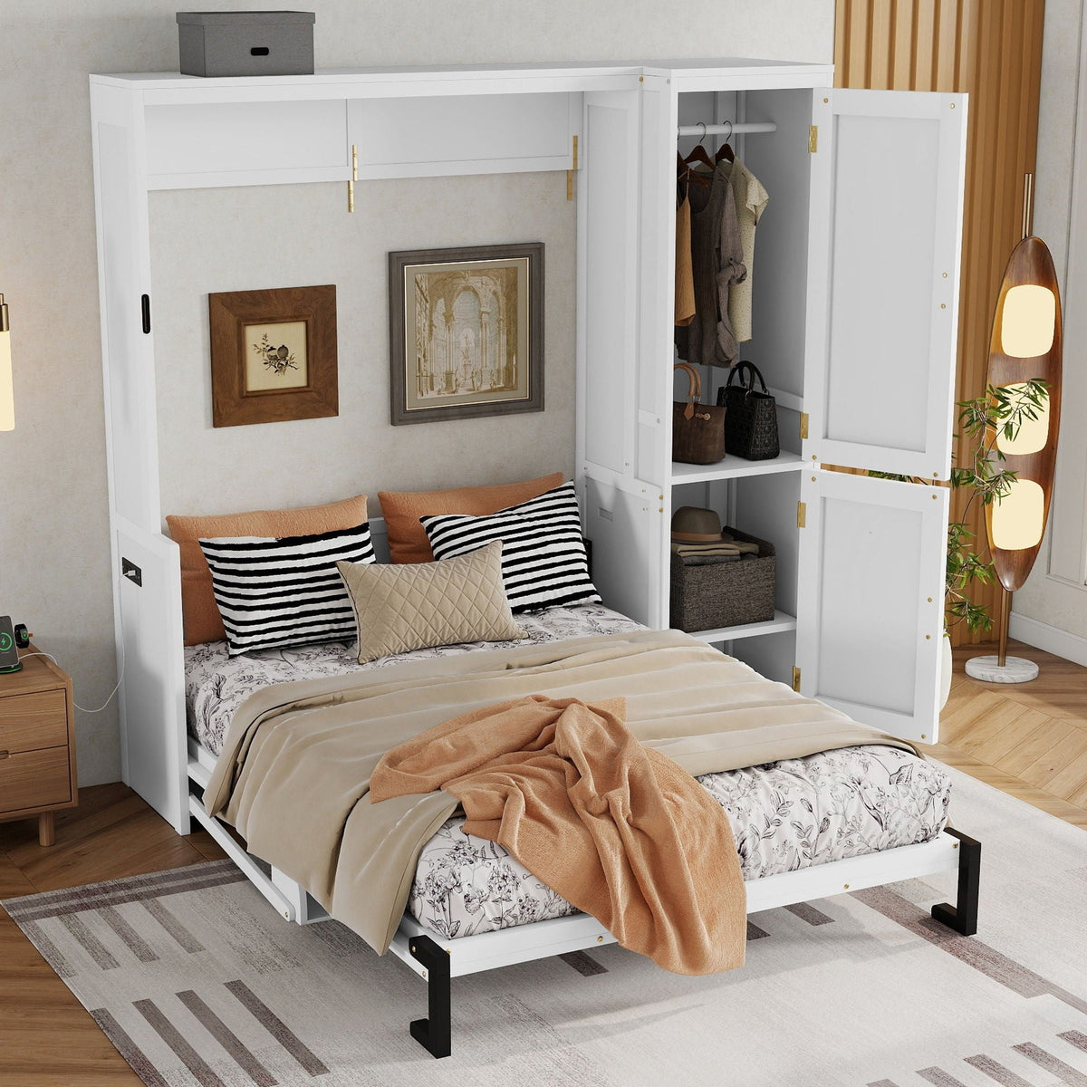 Queen Size Murphy Bed With Wardrobe, Space-Saving Hidden Wall Bed With Desk And Charging Station - White