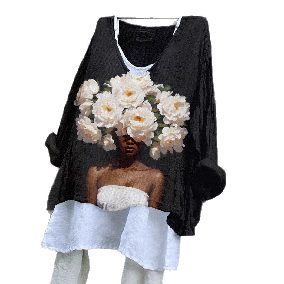SpringSummer V-neck Long-sleeve Shirt Artistic Retro And Relaxed-fit