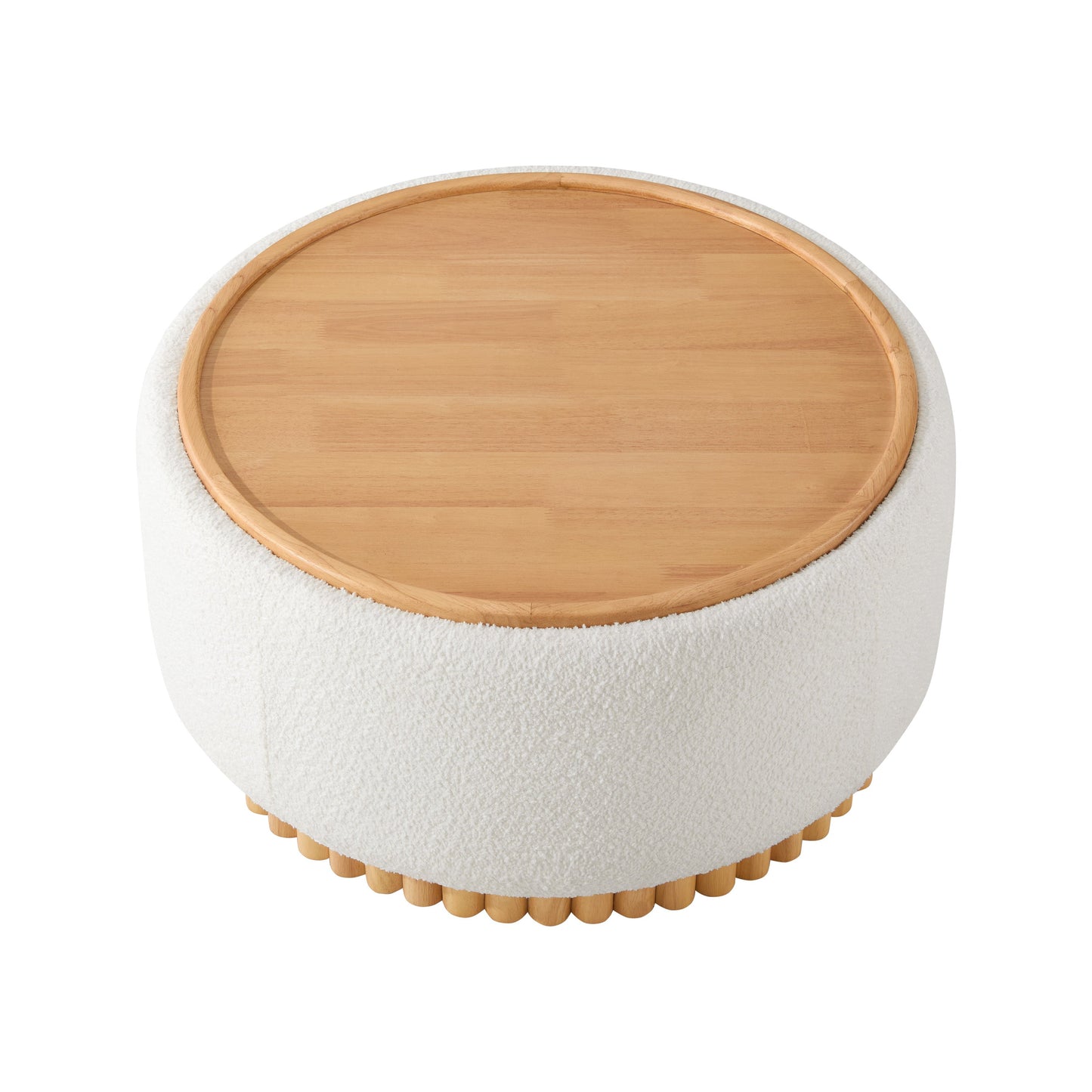 29' Round Storage Ottoman with Solid Wood Legs, Boucle Fabric, No Assembly