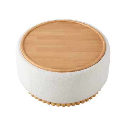 29' Round Storage Ottoman with Solid Wood Legs, Boucle Fabric, No Assembly