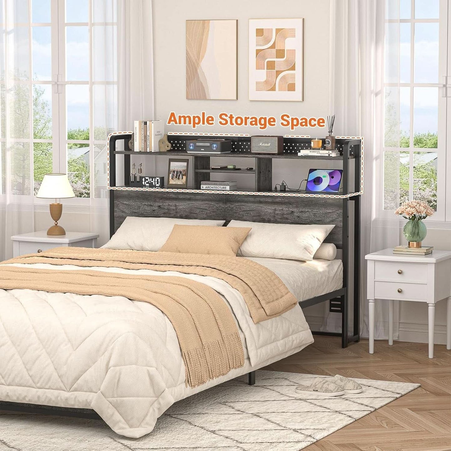 Queen Size Headboard With Storage Shelf And USB Ports