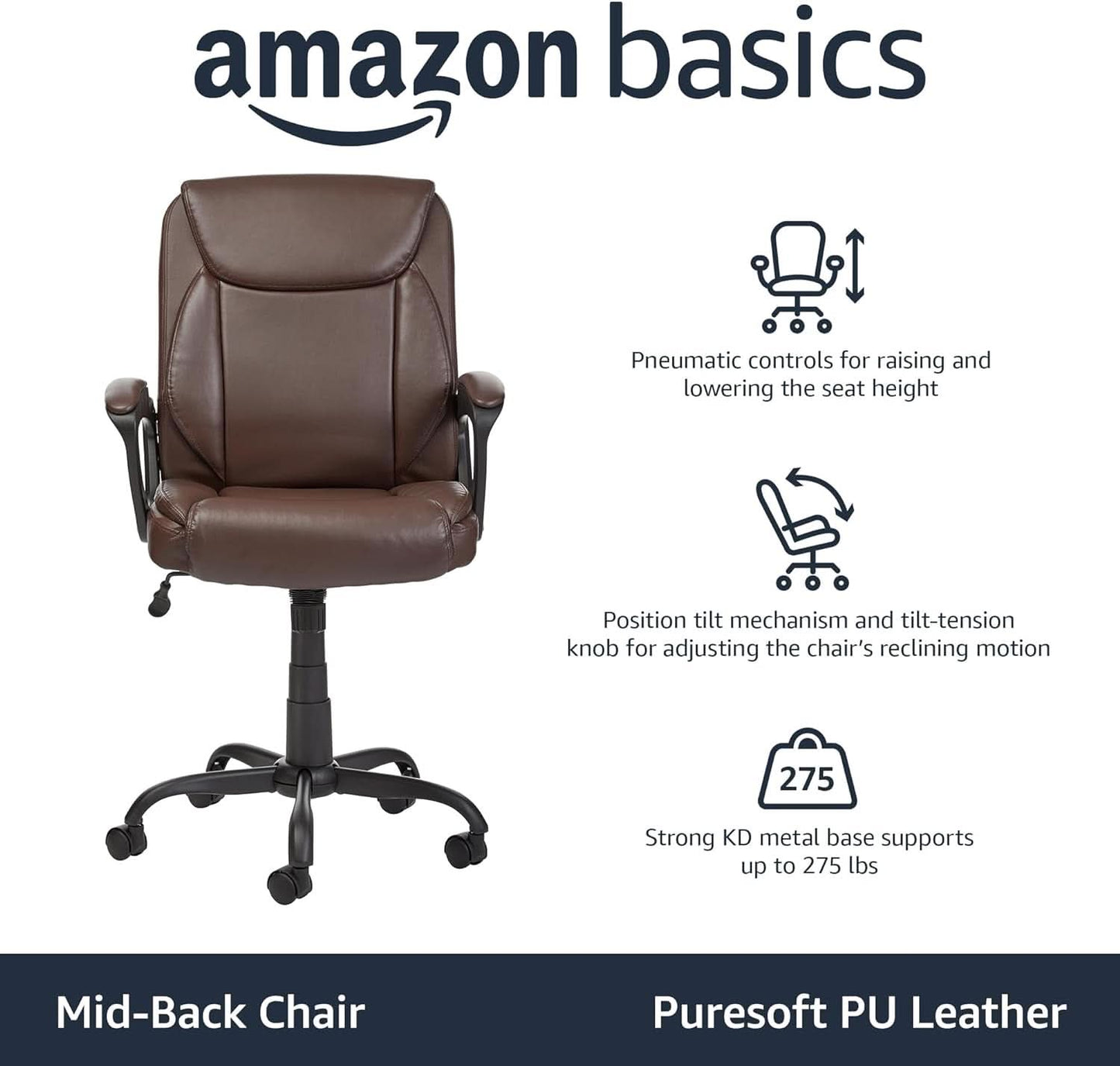 Amazon Basics Classic Puresoft PU Padded Mid Back Office Chair Armrest Brown