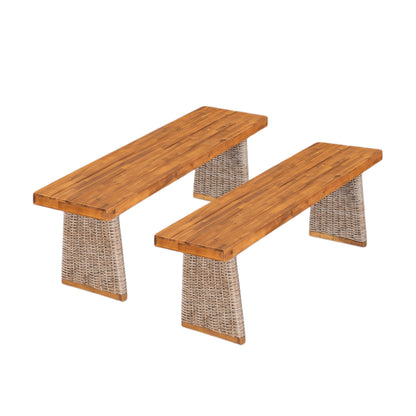 Outdoor Dining Set Acacia Wood Brown 3 Piece Table 2 Benches Rattan Legs