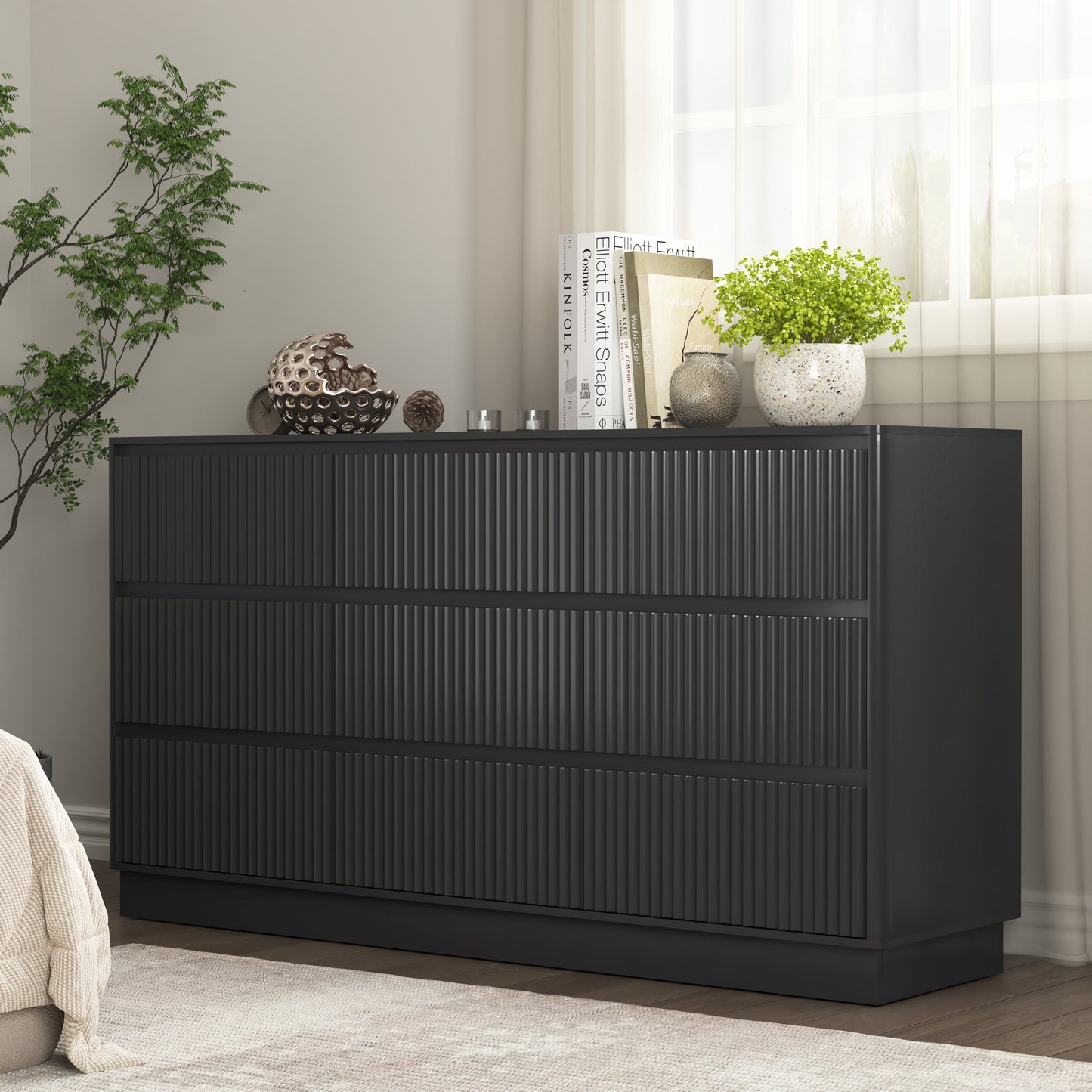 Mid-Century 9-Drawer Black Wave Dresser 59.1x15.7x31.6