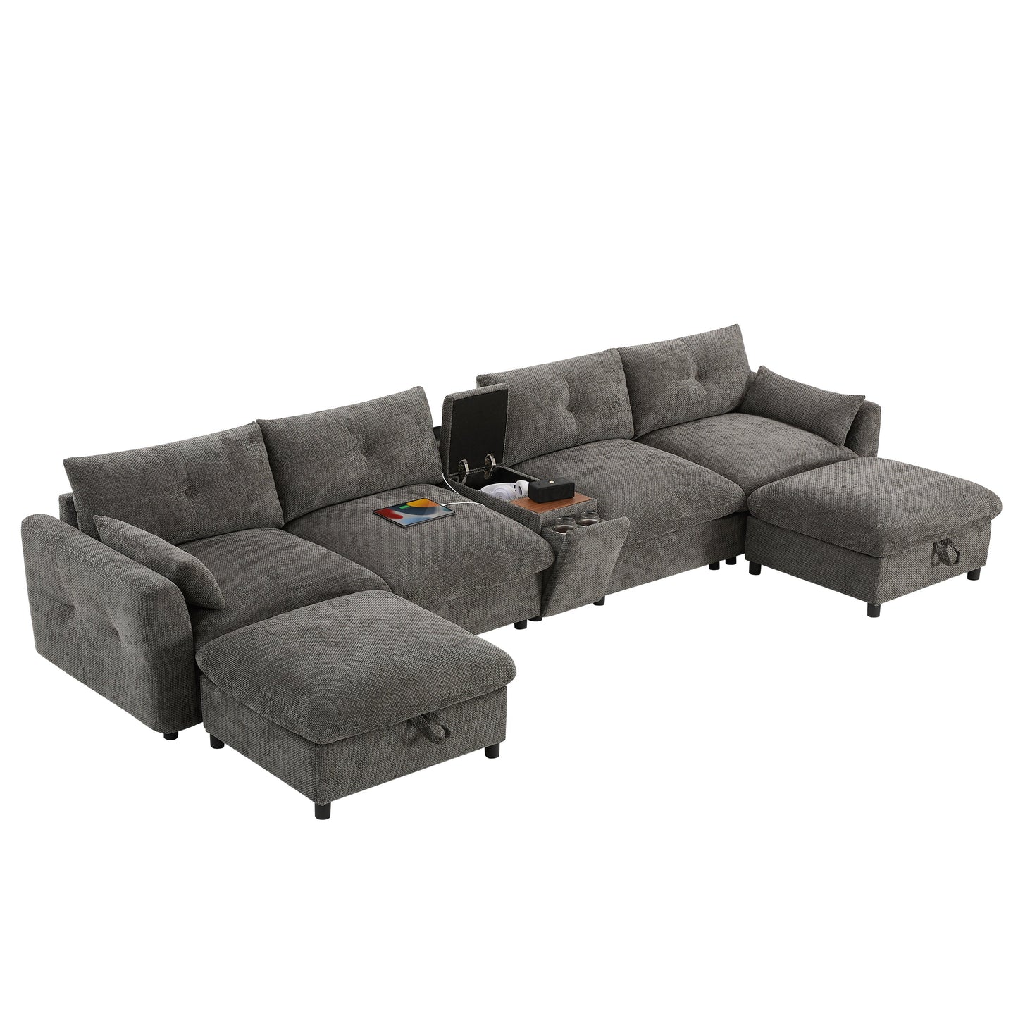 Sectional Sofa U-Shape Chenille Gray 6 Seat USB Console 136 In