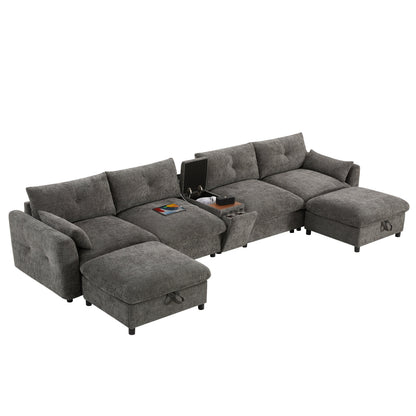 Sectional Sofa U-Shape Chenille Gray 6 Seat USB Console 136 In