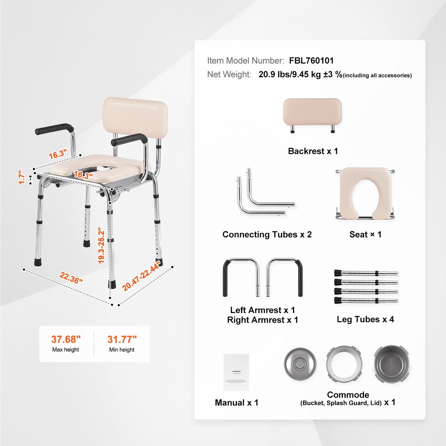 Commode Chair Padded Seat Drop-Down Arms 7-Level Adjustable Steel 350 LB