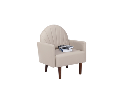 Accent Chair Shell-Shape PU Leather Khaki Solid Wood Legs Easy Assembly