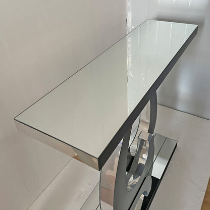 Modern Mirror Side Table, Glass, Double C-Shaped Base, Hall Table, Silver
