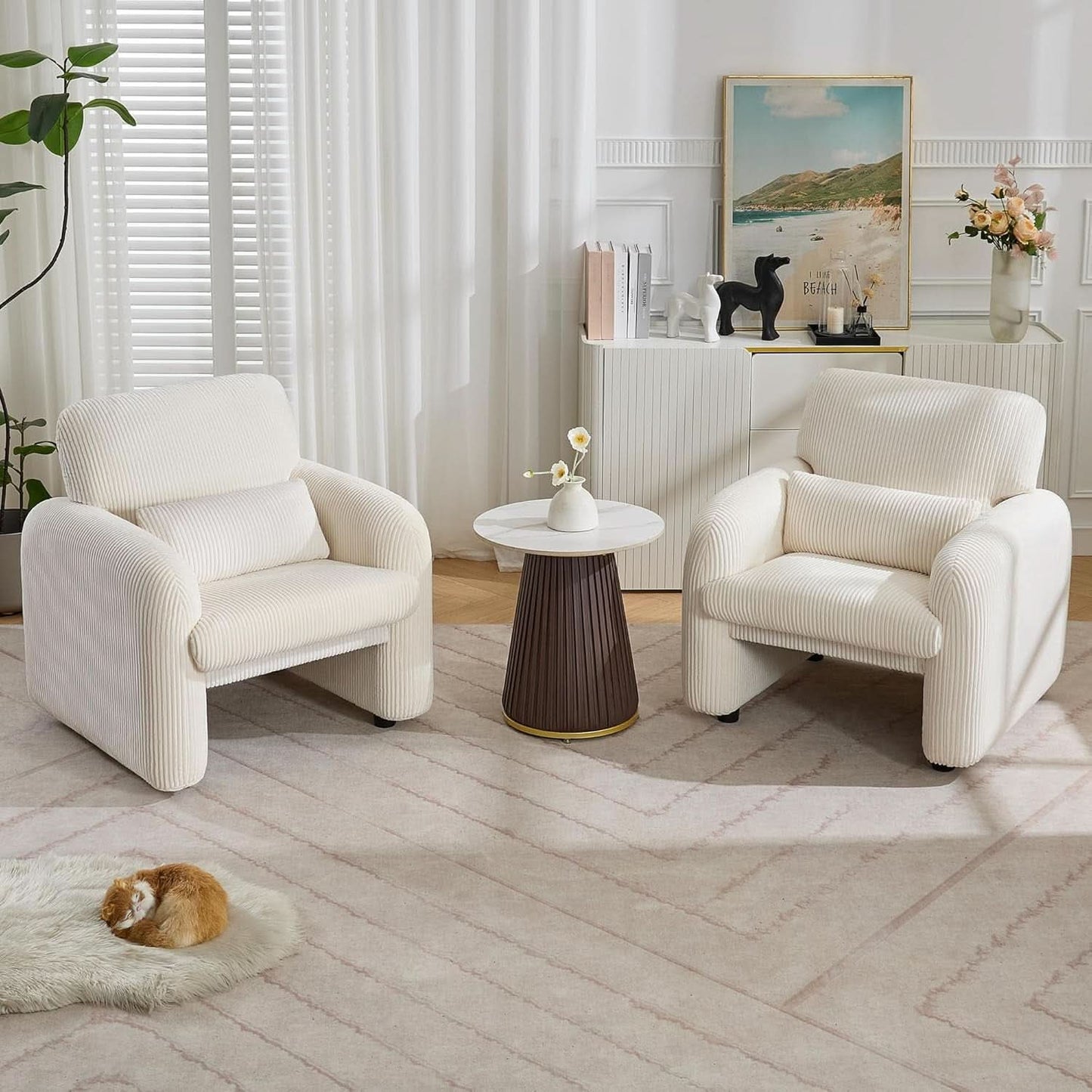 Corduroy Upholstered Accent Chair White Lumbar Pillow