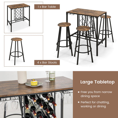 5 Pieces Bar Table and Stools Set with Wine Rack and Glass Holder-Rustic Brown