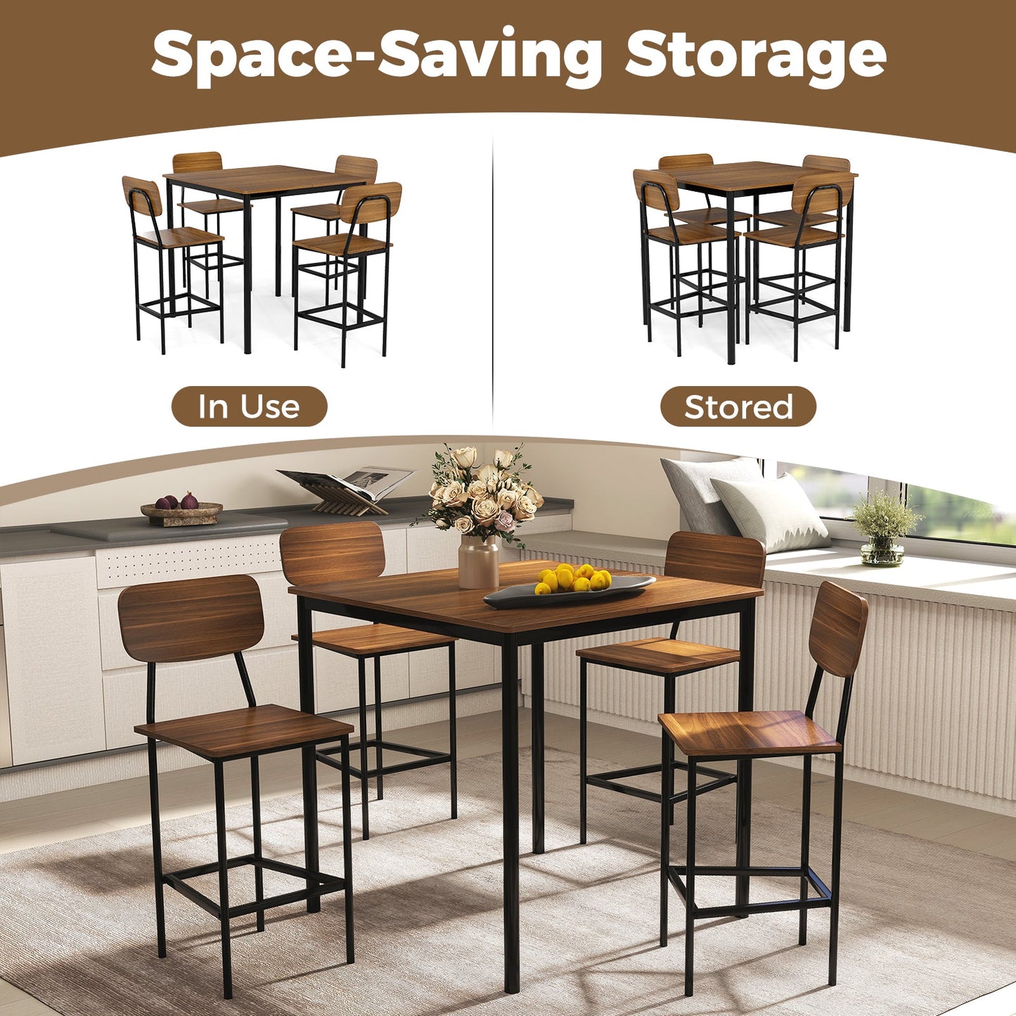 5 Pieces Industrial Dining Table Set with Counter Height Table and 4 Bar Stools-Coffee