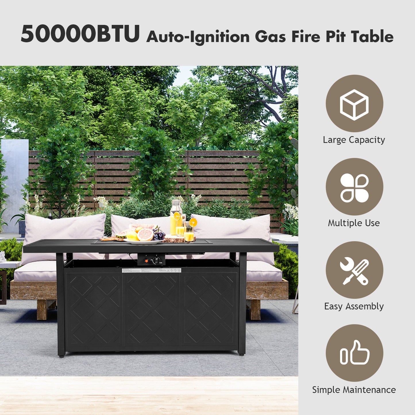 57 Inch 50 000 BTU Rectangular Propane Outdoor Fire Pit Table