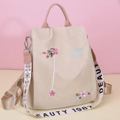 Women's Embroidered Nylon Backpack Waterproof Anti-Theft Large Capacity Bag