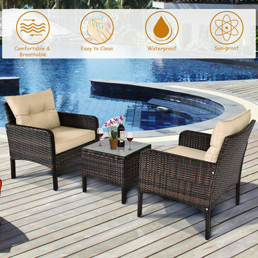 3 Pcs Outdoor Patio Rattan Conversation Set with Seat Cushions-Black