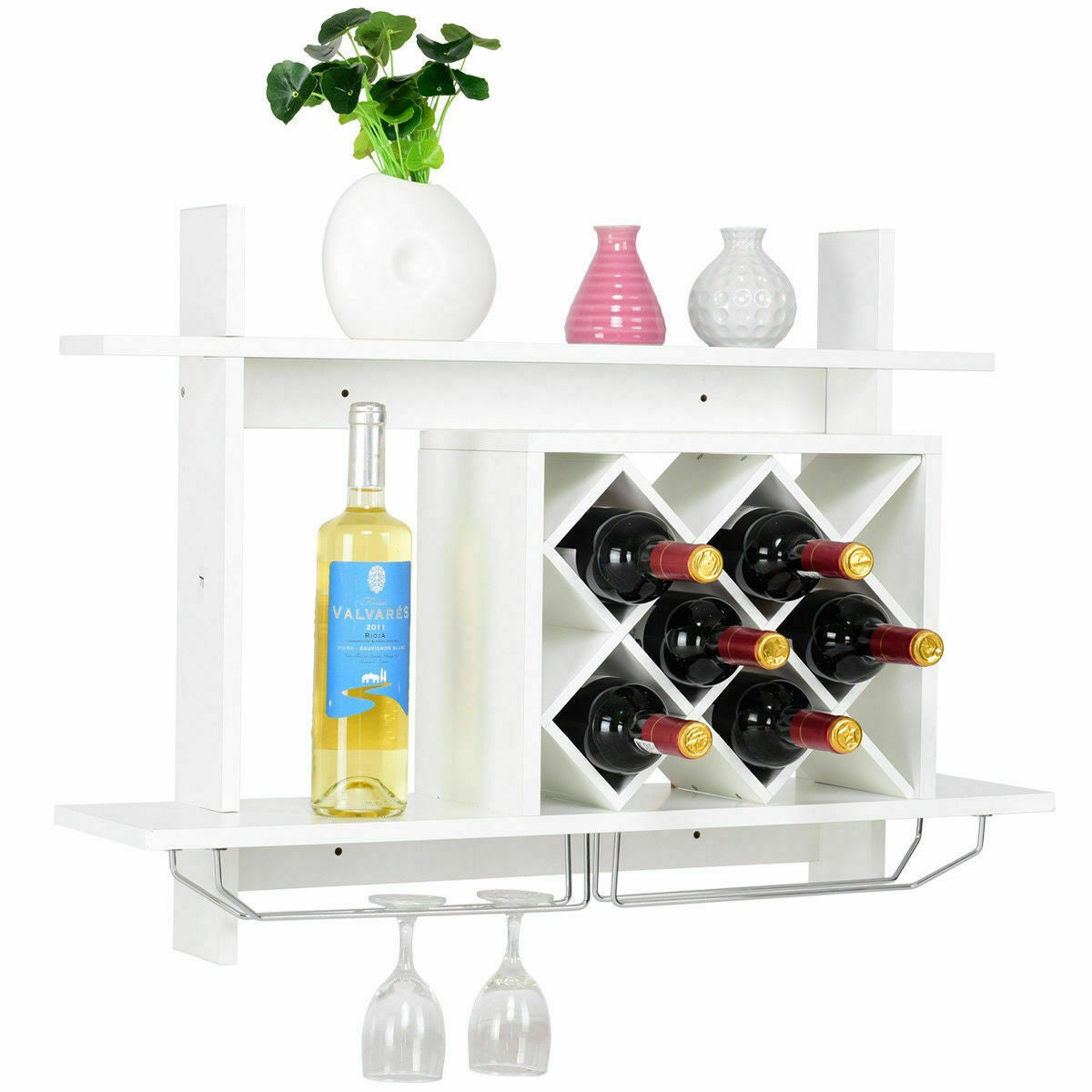 Wall Mount Wine Rack Organizer with Glass Holder Storage Shelf