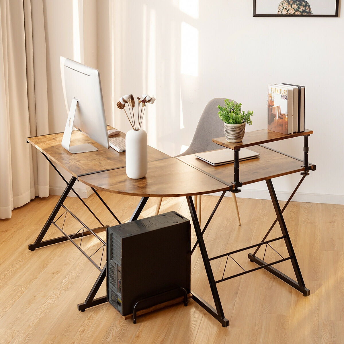 L-Shaped Desk Reversible Corner Computer Desk with Movable Shelf and CPU Stand
