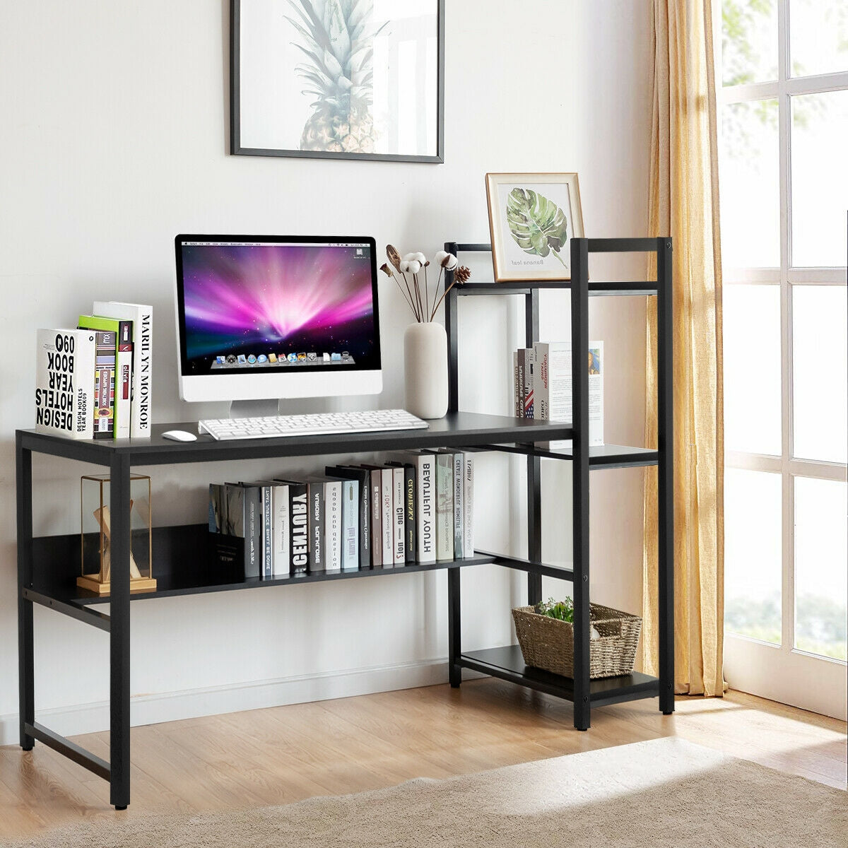 59-Inch Computer Desk Home Office Workstation 4-Tier Storage Shelves