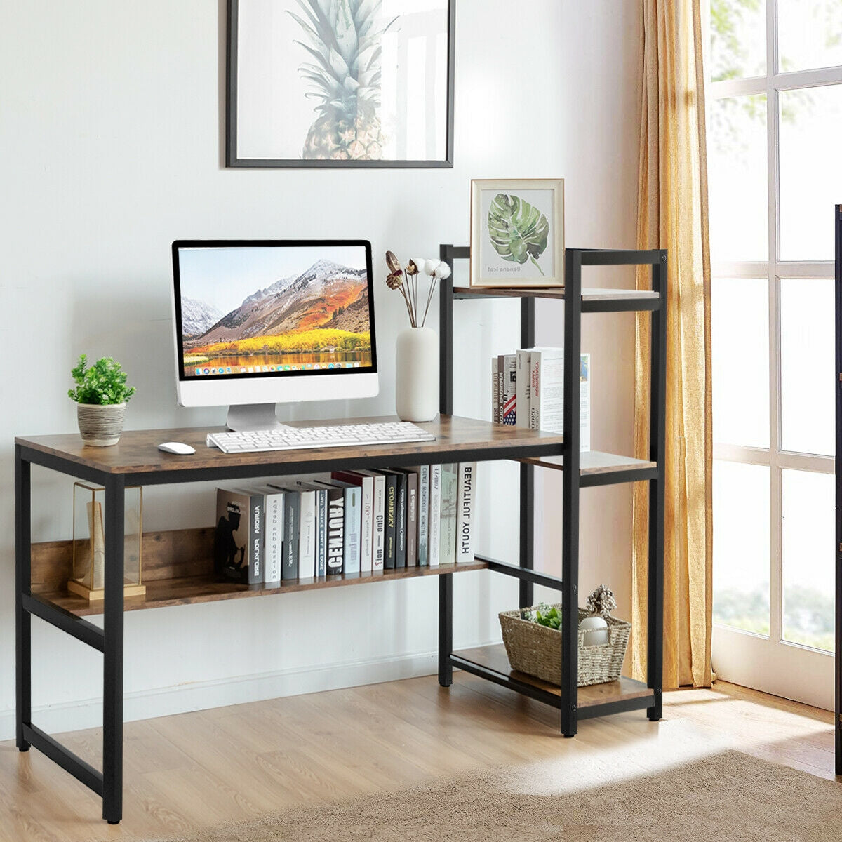 59-Inch Computer Desk Home Office Workstation 4-Tier Storage Shelves