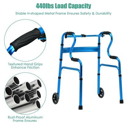 Adjustable Heavy-Duty Folding Walker with Unidirectional Wheels and Bi-Level Armrests-Black