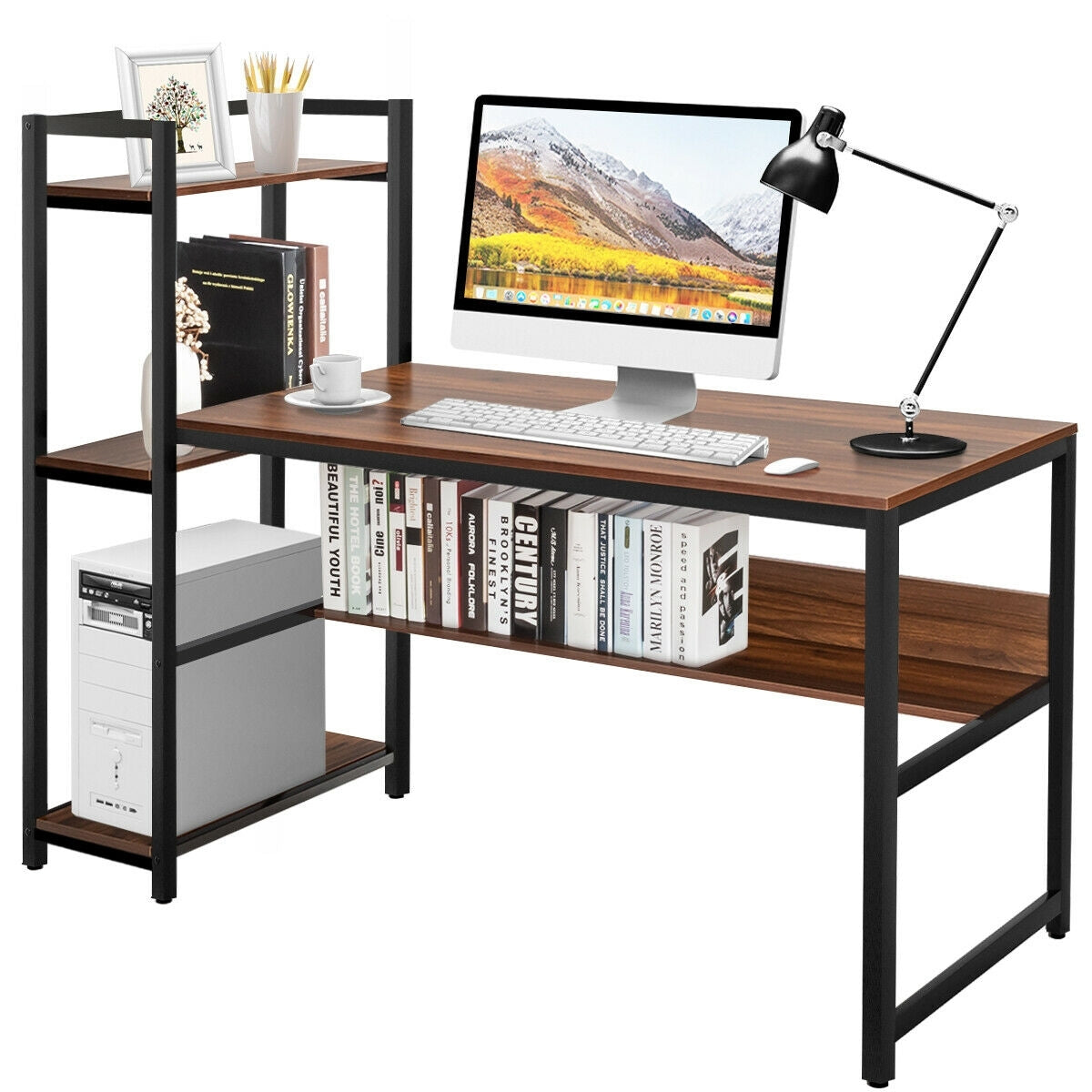 59-Inch Computer Desk Home Office Workstation 4-Tier Storage Shelves