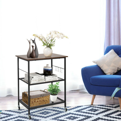3-Tier Kitchen Serving Cart Utility Standing Microwave Rack with Hooks