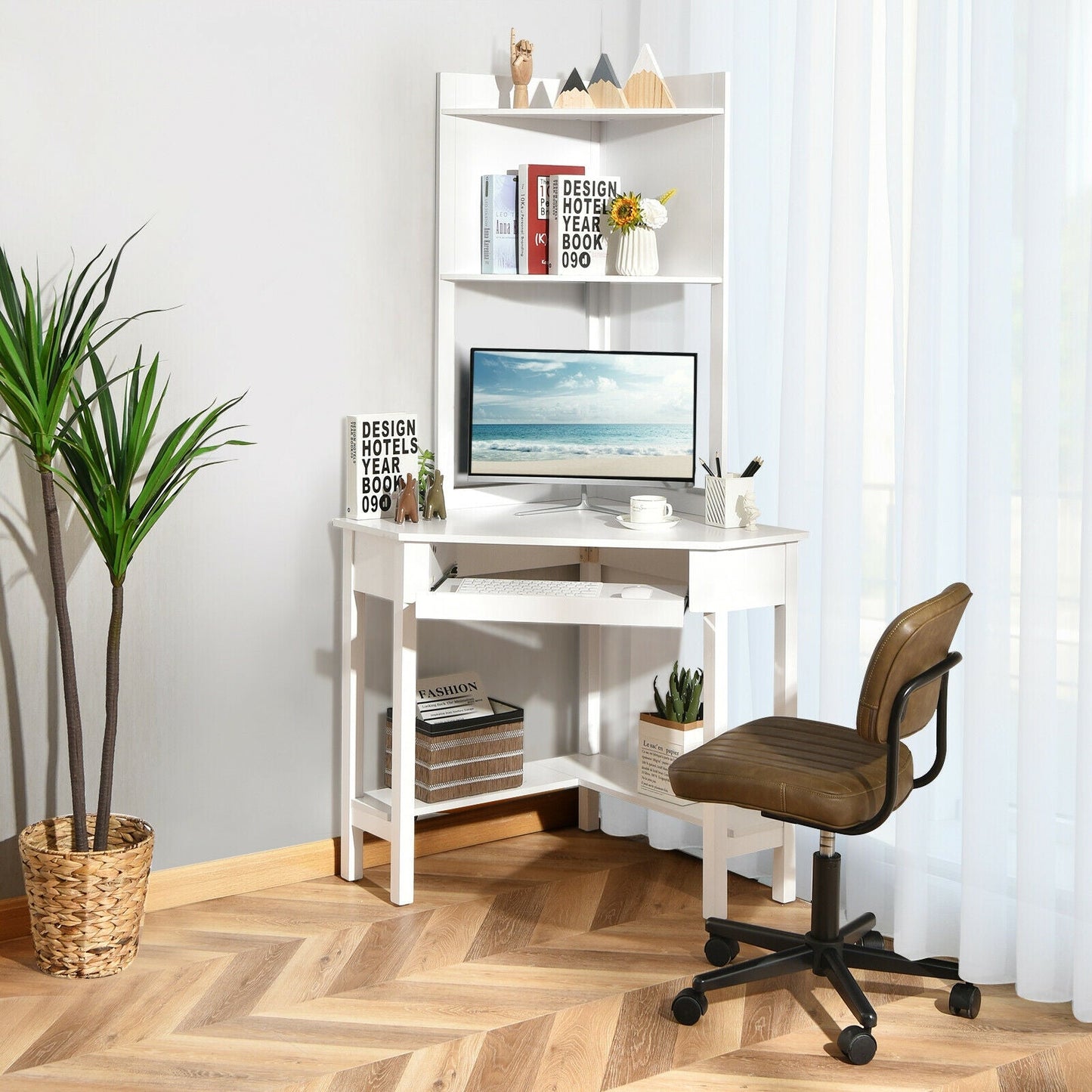 Corner Computer Desk with Hutch and Storage Shelves