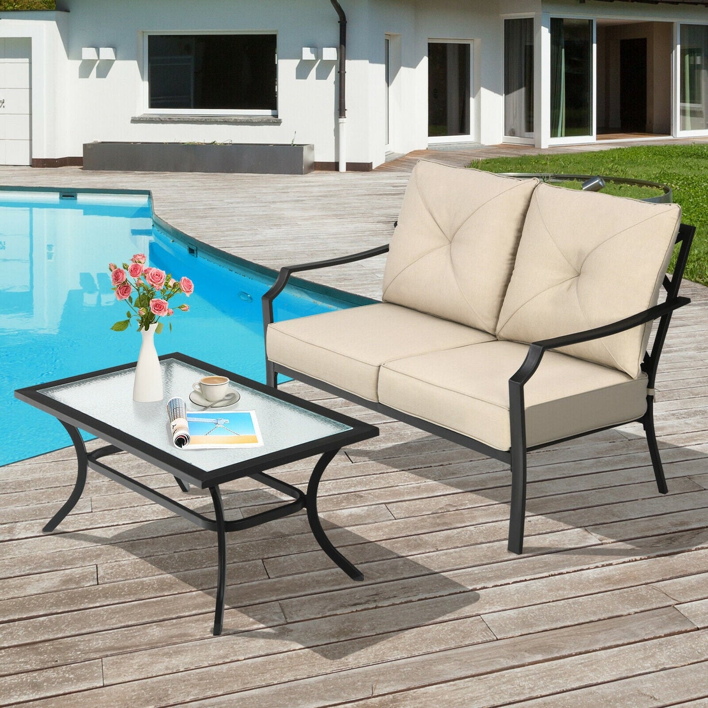 2 Pieces Patio Outdoor Cushioned Sofa Bench with Coffee Table-Beige