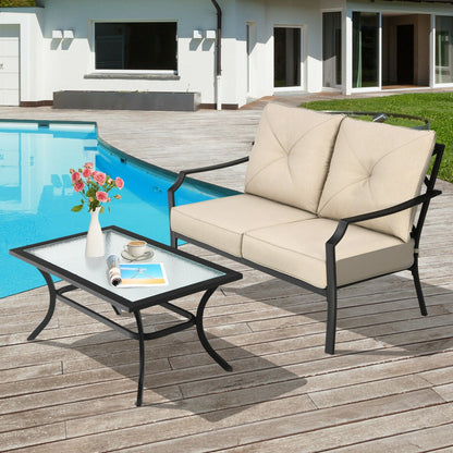 2 Pieces Patio Outdoor Cushioned Sofa Bench with Coffee Table-Beige