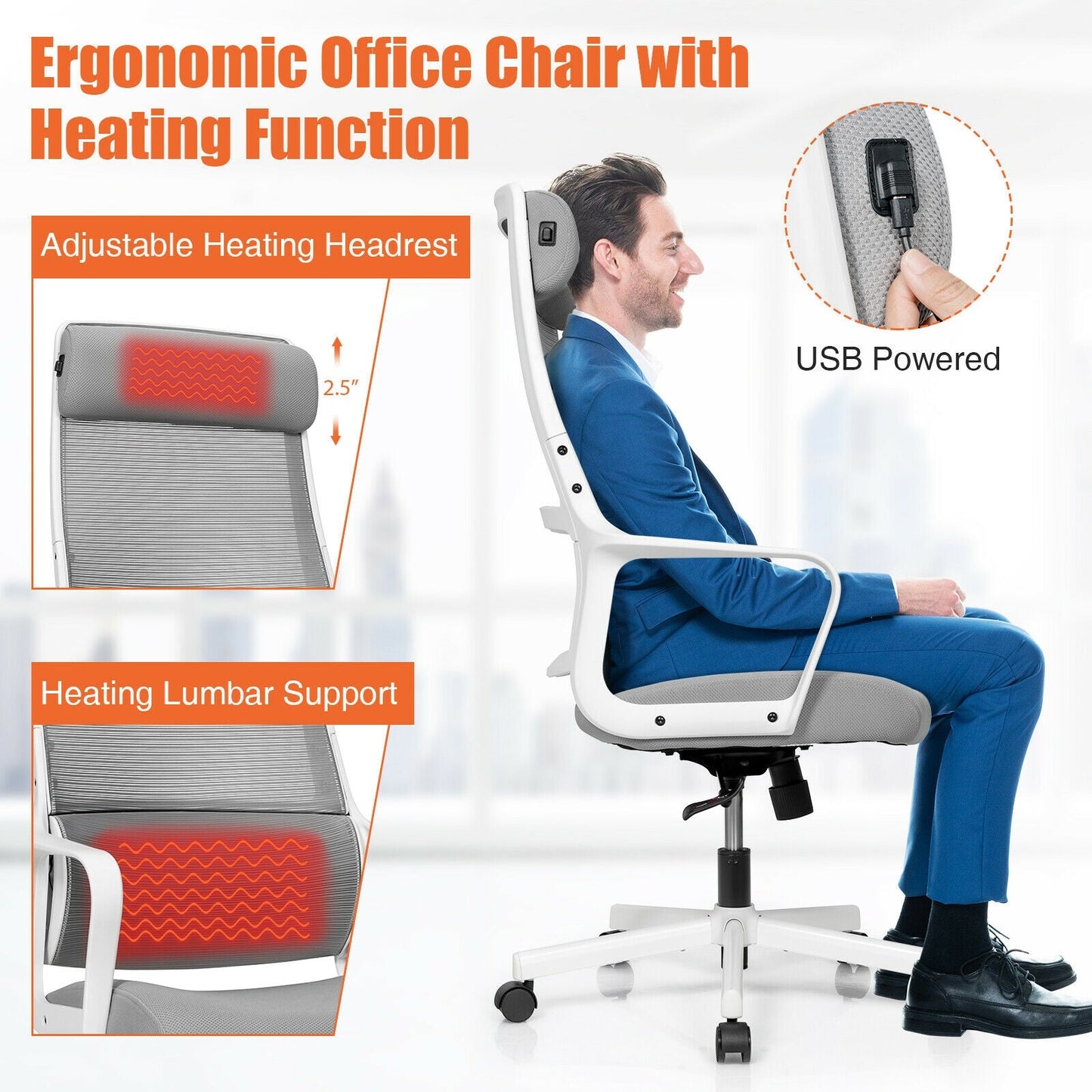 Adjustable Mesh Office Chair with Heating Support Headrest
