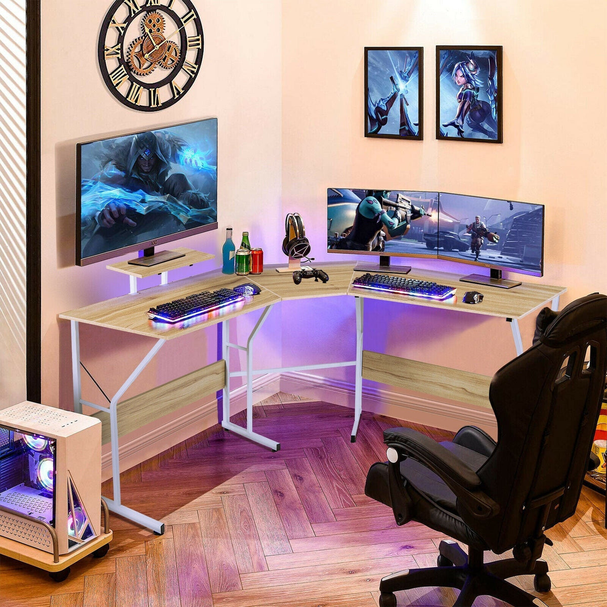 88.5 Inch L Shaped Reversible Computer Desk Table with Monitor Stand