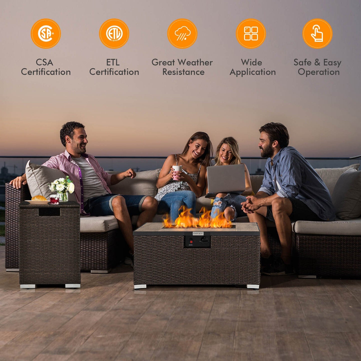 32 x 20 Inch Propane Rattan Fire Pit Table Set with Side Table Tank and Cover
