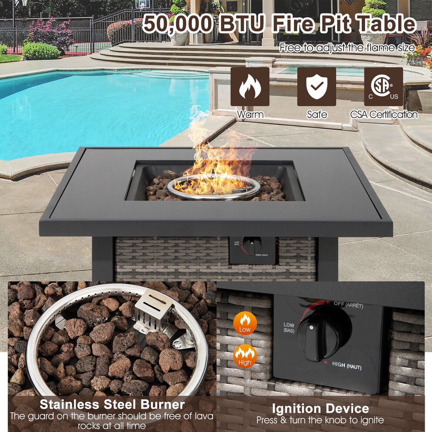32 Inch Square Propane Fire Pit Table with Lava Rocks Cover