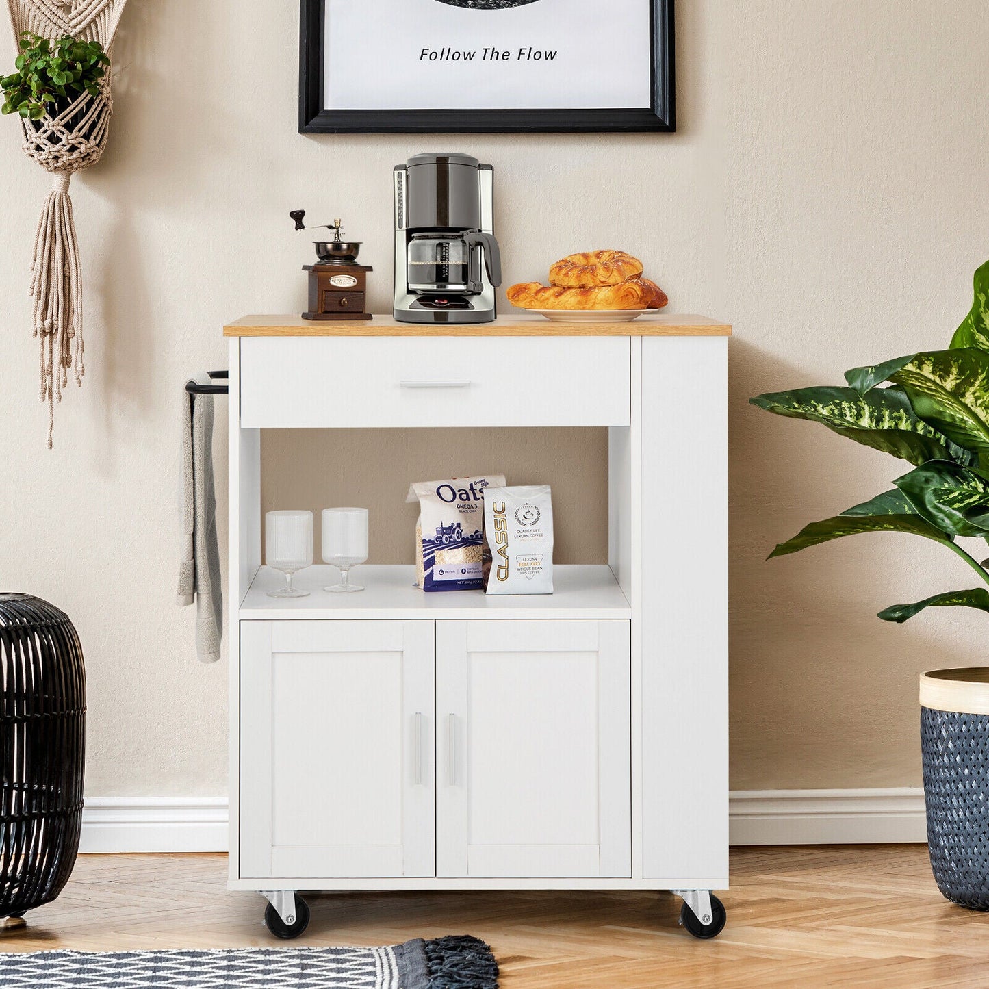 Rolling Kitchen Trolley with 3 Spice Racks Drawer and Open Shelf