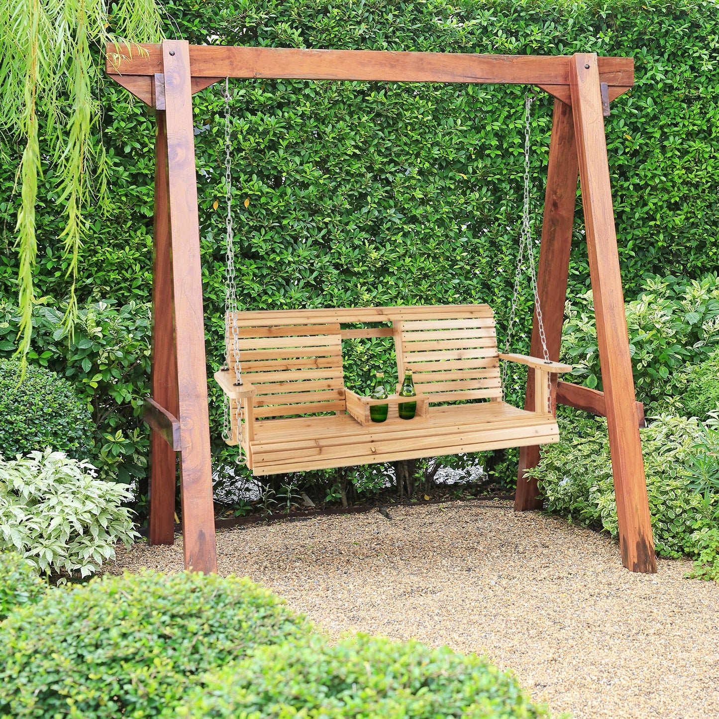 5 Feet Porch Swing Chair with Adjustable Chains and Foldable Cup Holders