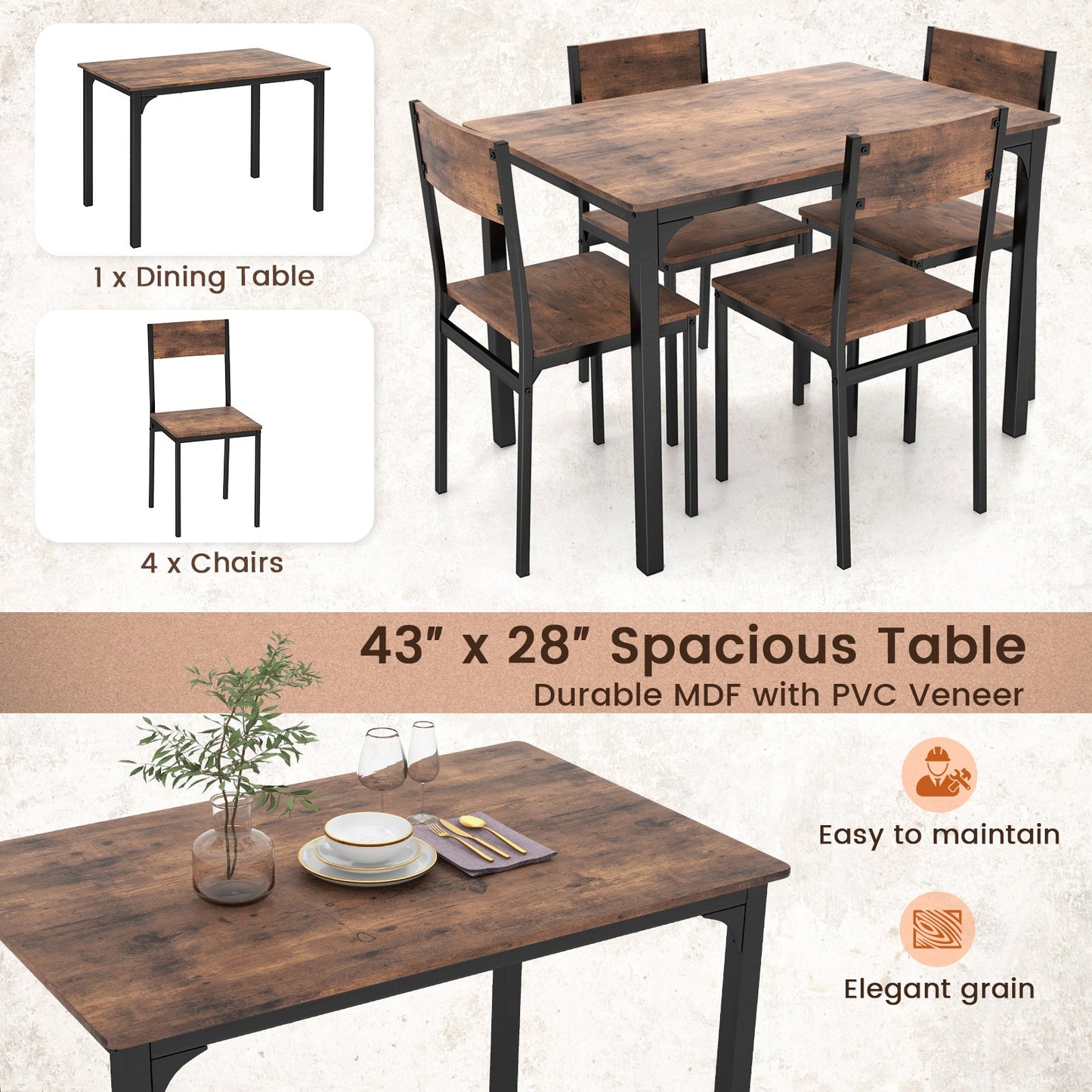 5 Piece Dining Table Set Industrial Style Kitchen Table and Chairs for 4