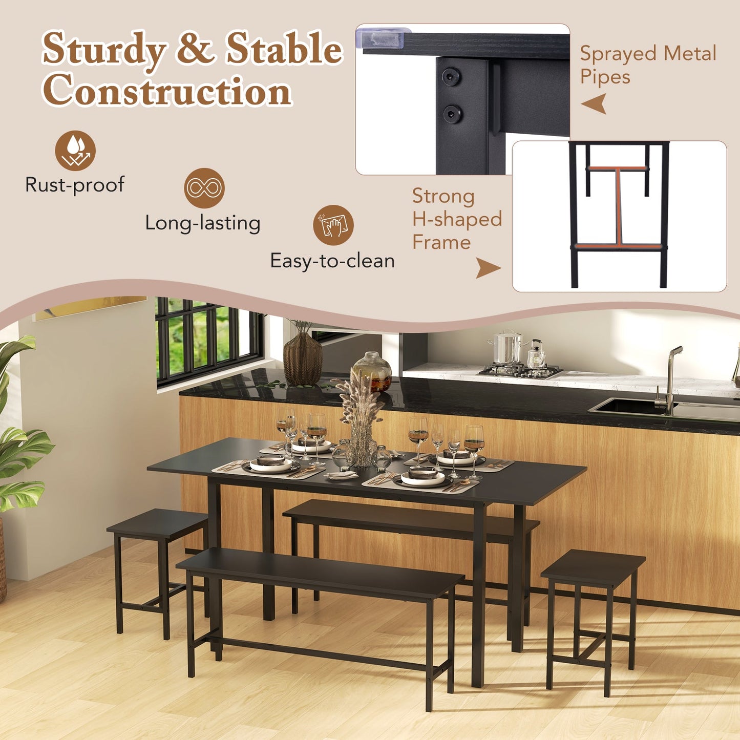 5 Piece Dining Table Set for 4-6 with 2 Benches & 2 Stools for Kitchen Dining Room