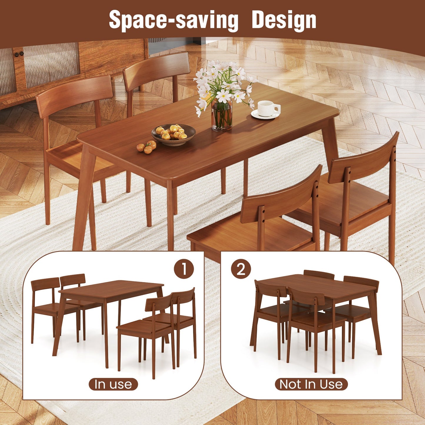 5 Piece Wood Dining Table Set with Rubber Wood Frame and 4 Chairs-Walnut