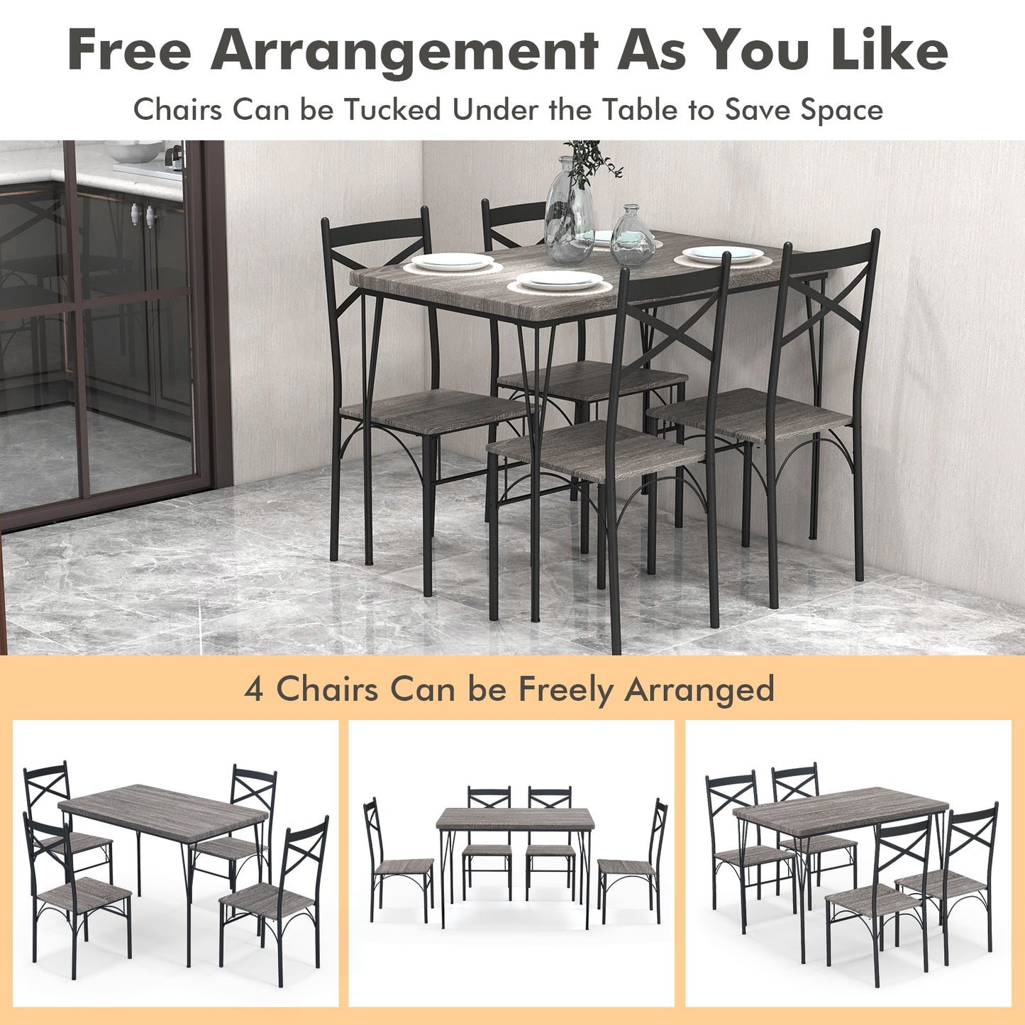5 Pieces Dining Table Set with Metal Frame for Kitchen Dining Room-Gray